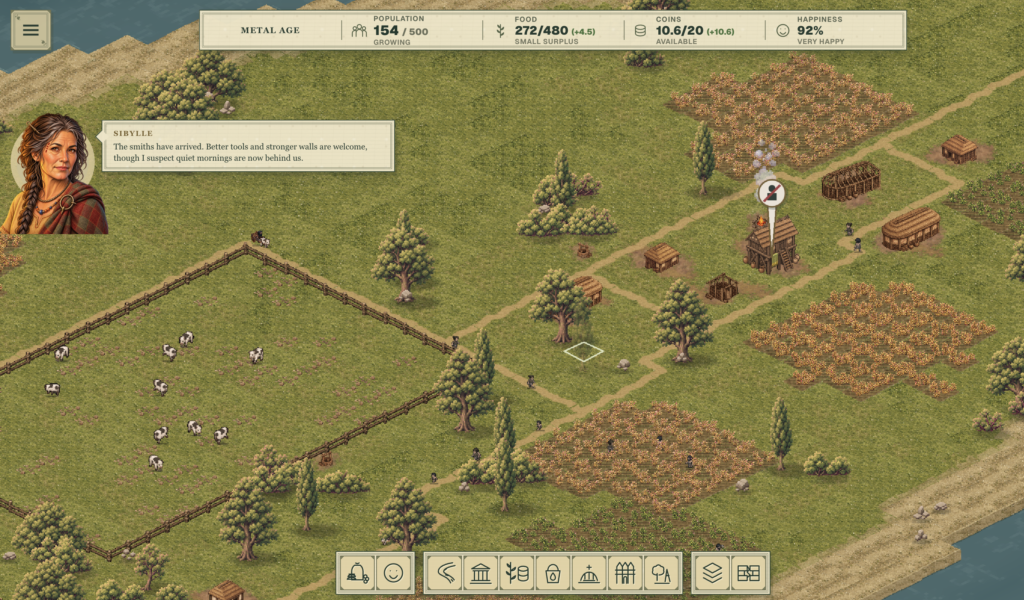 Metal Age farming settlement with advisor message