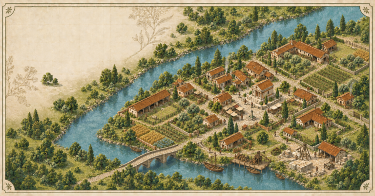 Isometric ancient city beside the Seine