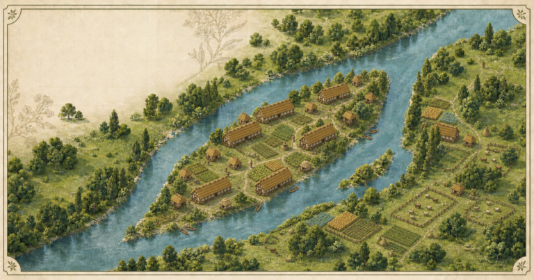 Isometric Neolithic settlement beside the Seine