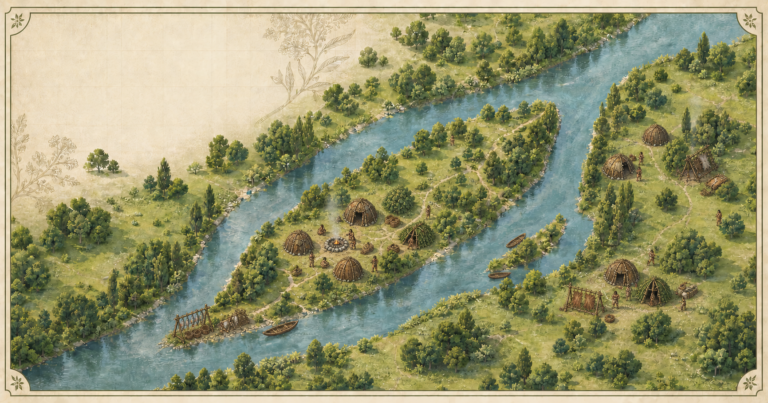 Isometric Paleolithic settlement beside the Seine